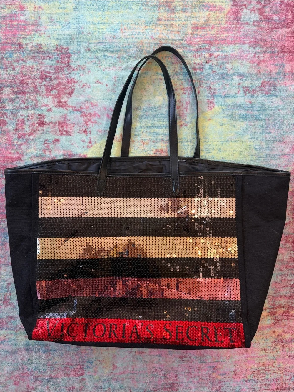 Victoria's Secret Black Tote with Gold and Red Sequin Stripes